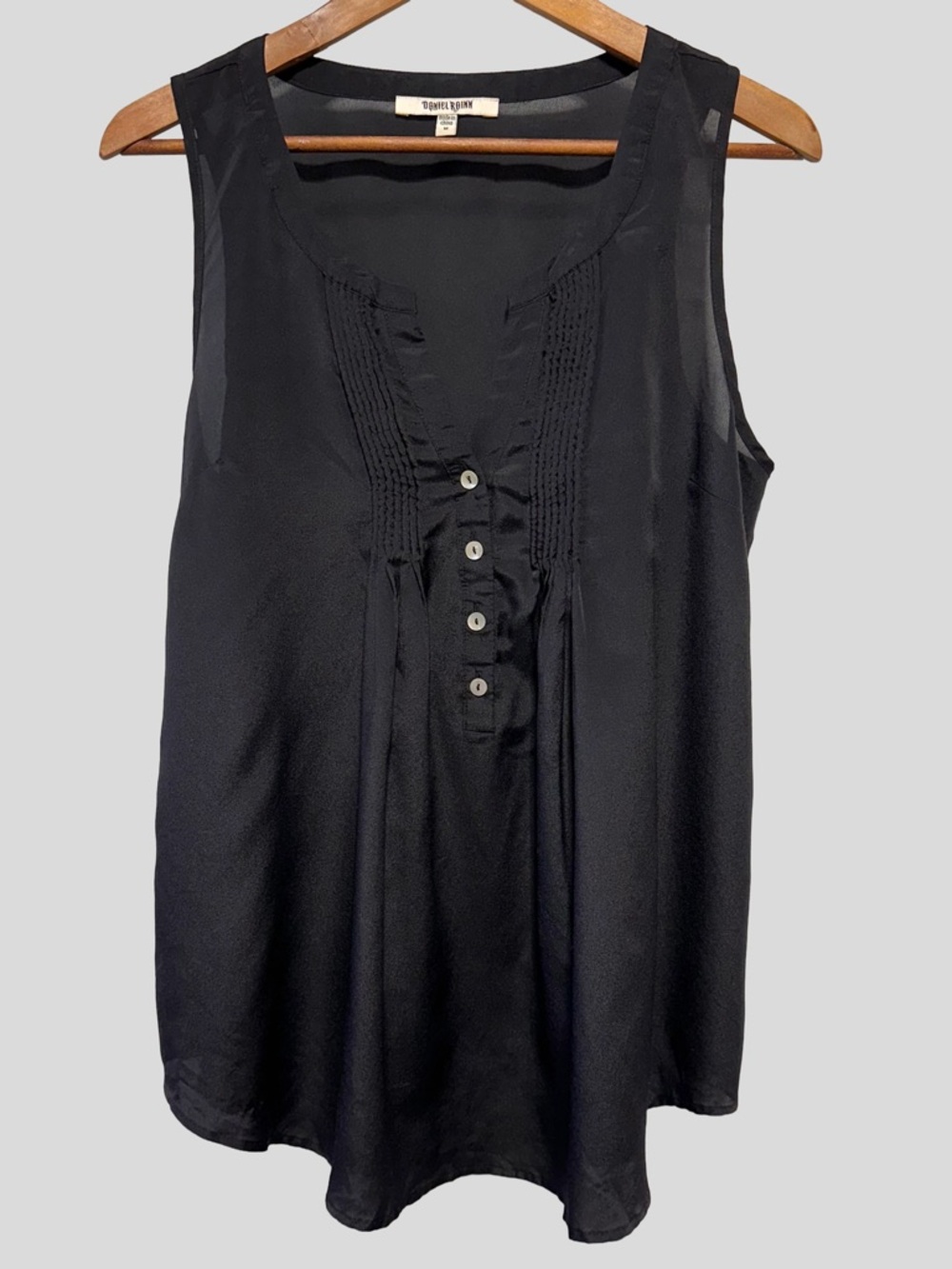 DANIEL RAINN Black Pintuck Sleeveless Sheer Henley Blouse Tunic Goth Minimalist